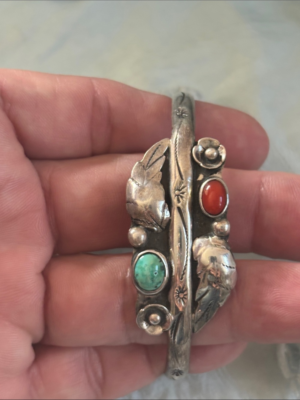 Sterling Silver Floral Cuff Bracelet with Turquoise and Coral Stones